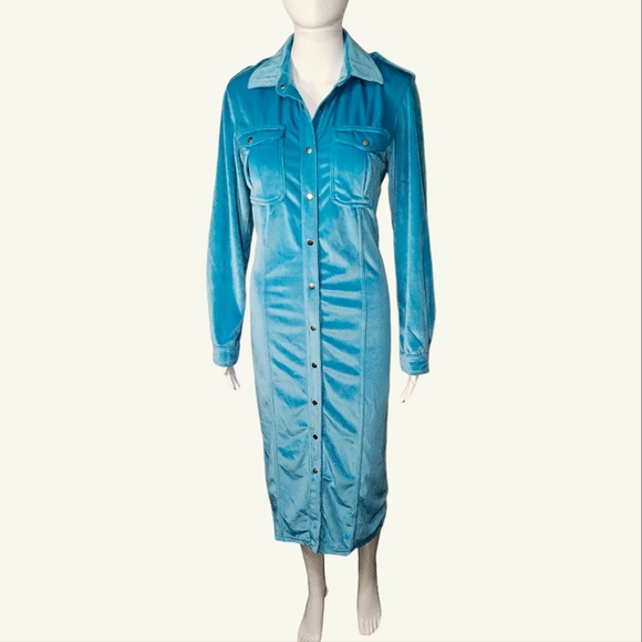 Together Vintage Aqua Velour Button down 80s Maxi Dress Excellent Condition SZ 4 - Picture 1 of 12